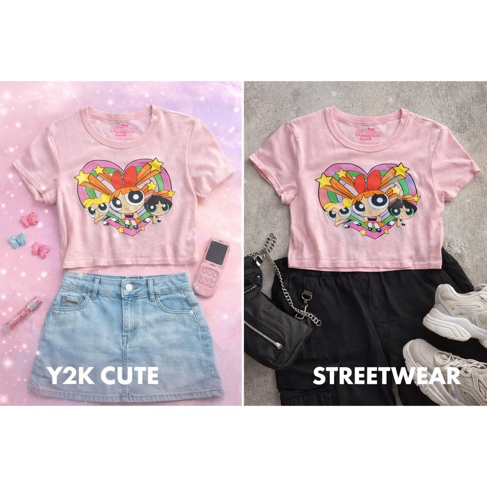Y2K Powerpuff Pink Cartoon Baby Tee Cute Nostalgia Top Sz M Juniors